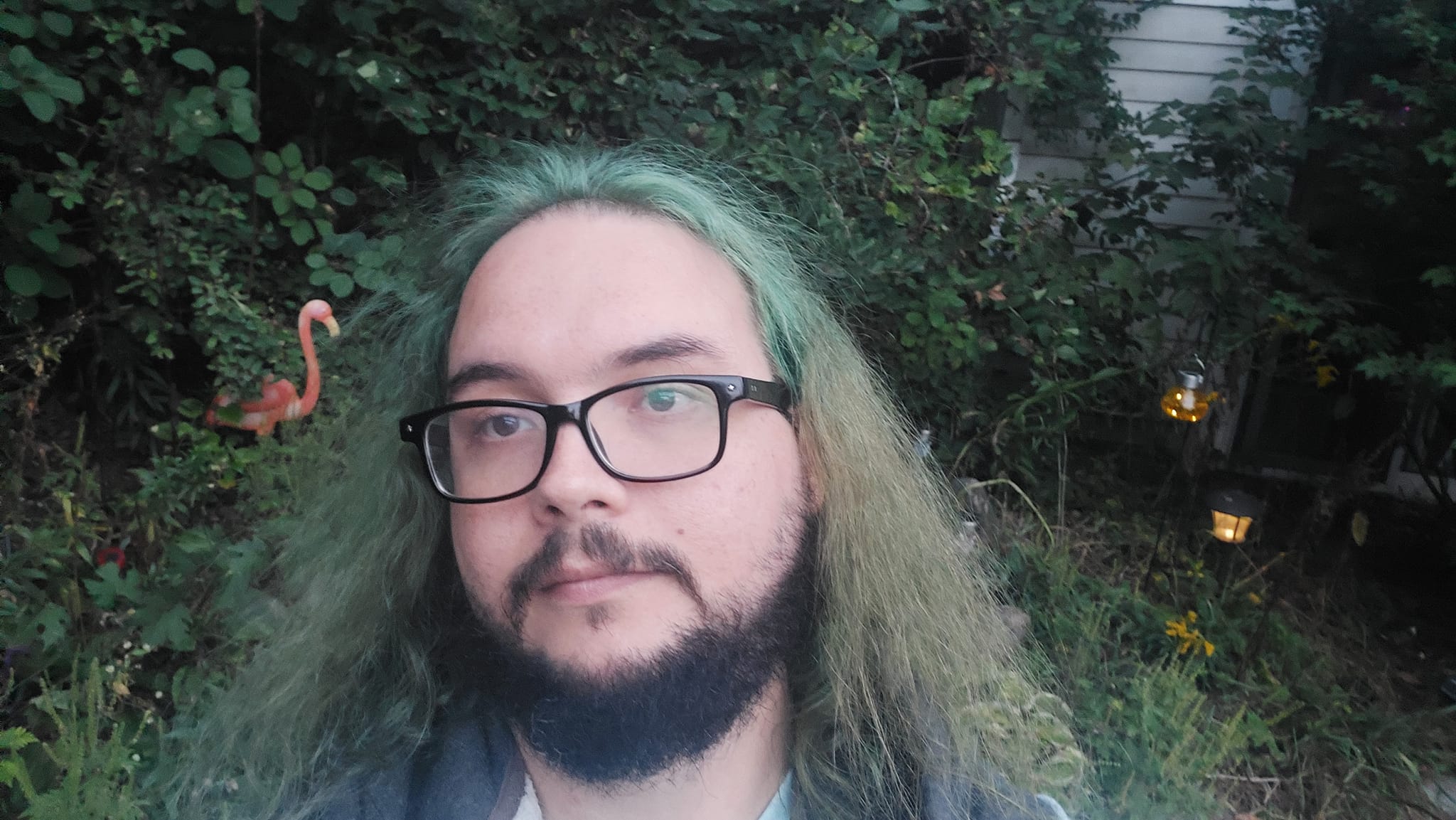 A man with green hair and a beard is outside after dark, Photo 4